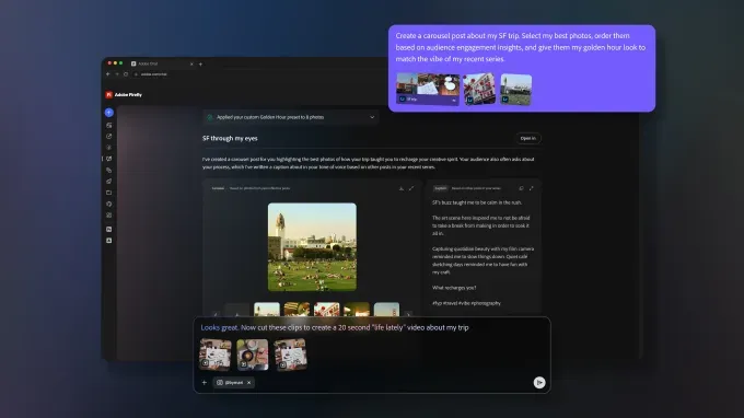 An illustrative image showing prototypes of Adobe's new project of cross-app assistant is a system that gets data from all of its apps. 