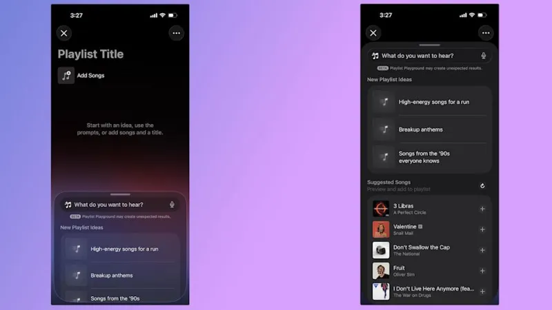 A pair of screenshots showing off Apple Music's new Playlist Playground feature. 
