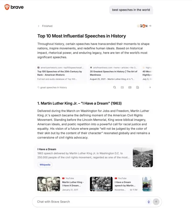 A screenshot showing the new Ask brave feature from the search company Brave, which gives detailed answers to your queries. 