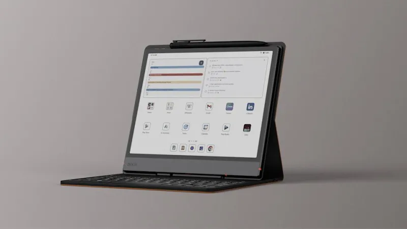 A Boox Note Air5 C tablet in a keyboard cover.