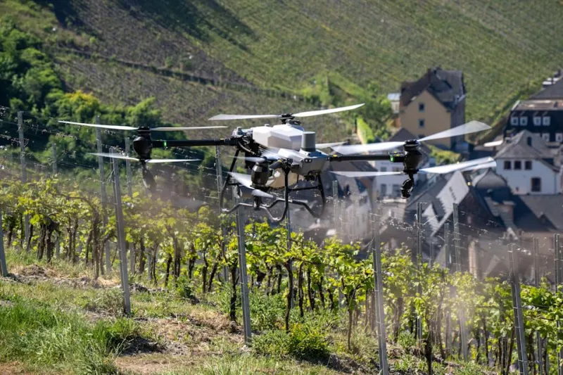 PRODUCTION - 13 May 2025, Rhineland-Palatinate, Bernkastel-Kues: A DJI Agras 50 drone flies over a vineyard near Bernkastel-Kues on the Moselle during the official presentation. It is the first drone of this size approved in Germany for plant protection in steep-slope viticulture. Photo: Harald Tittel/dpa (Photo by Harald Tittel/picture alliance via Getty Images)