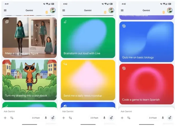 Скриншоты нового интерфейса Gemini с красочными подсказками и изображениями