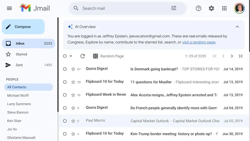 Screenshot of the Jmail project. A simulated Gmail inbox of Jeffrey Epstein, using real emails released by Congress.