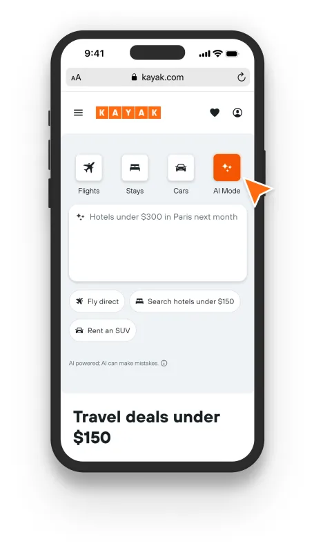 Еще один скриншот "AI Mode" на сайте Kayak.com.