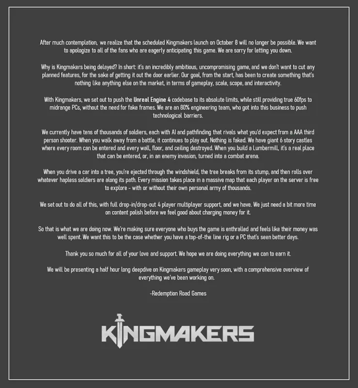 A statement posted by the developers of Kingmakers announcing that the game is delayed