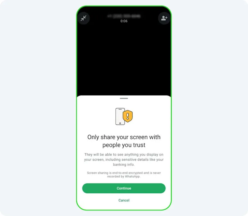 A screenshot of WhatsApp&#39;s new warning screen against potential spams.