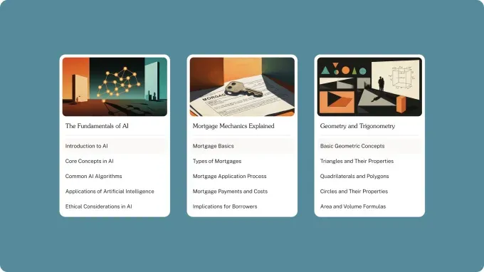 Image describing screenshots of Oboe's new chapter focused learning course generation.