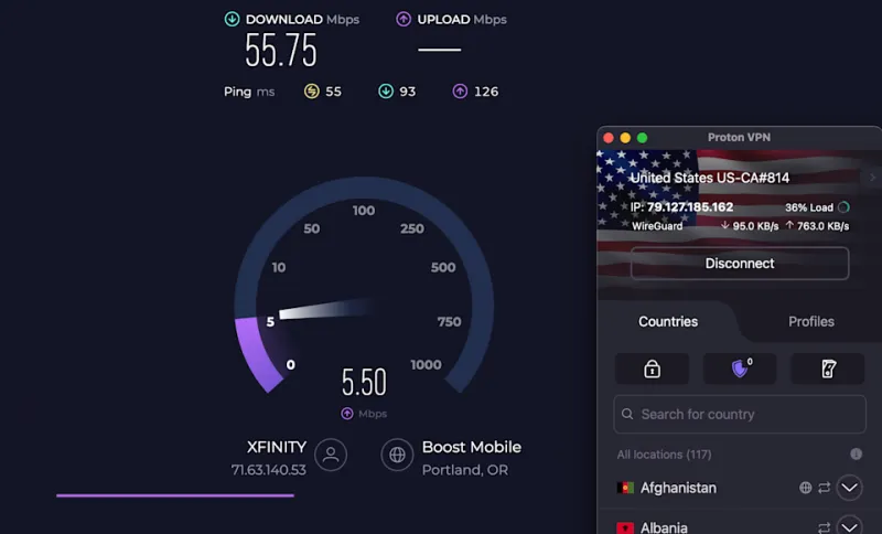 Экран выбора протокола в приложении Proton VPN для Android