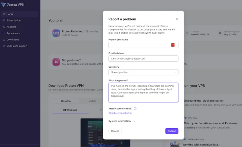 Emailing a question to the Proton VPN support team.