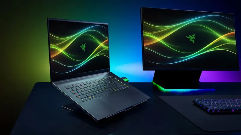 A Razer Blade 16 laptop viewed from the front next to a monitor.