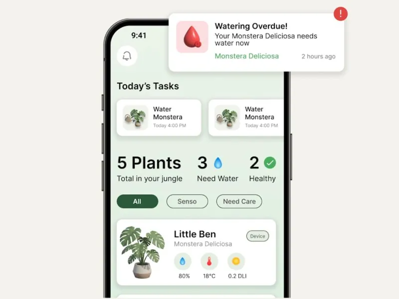 The companion app for the Senso device showing plant data and care tips