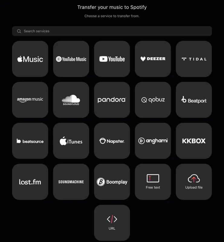 Скриншот функции Spotify "Перенесите свою музыку на Spotify", показывающий множество других брендов музыкальных стриминговых сервисов на странице для выбора.