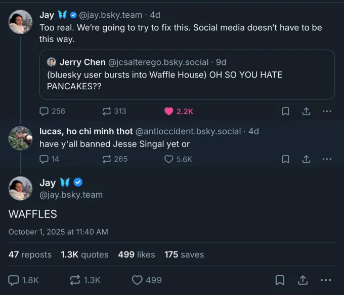 Скриншот переписки в Bluesky с сообщением CEO Джея Грейбера: "ВАФЛИ!"