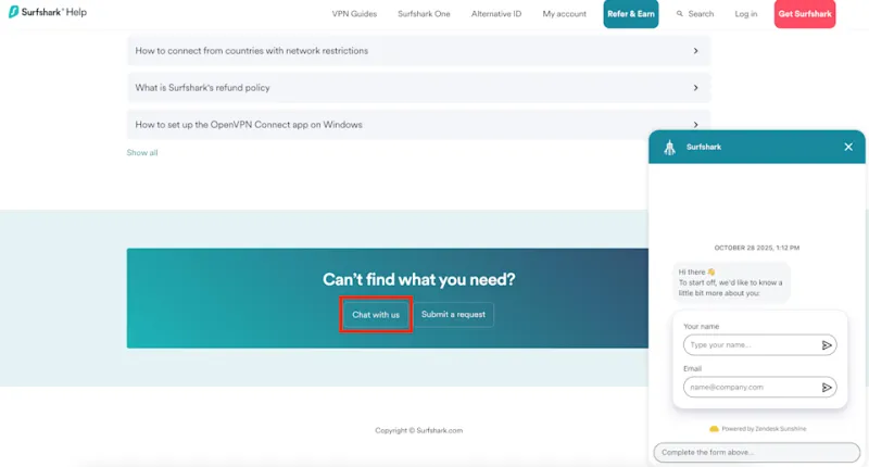 Surfshark chat with us