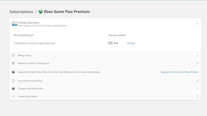 Меню смены подписок Microsoft при управлении Game Pass
