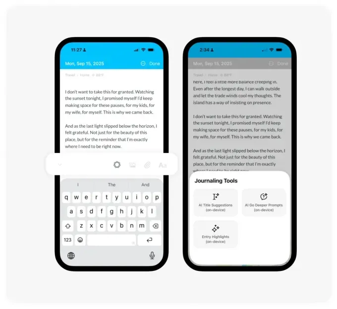 A screenshot showing Day One journaling app's features implemented using Apple's local model. These features include a summary, title suggestion, and prompt generation to go deeper into writing. 