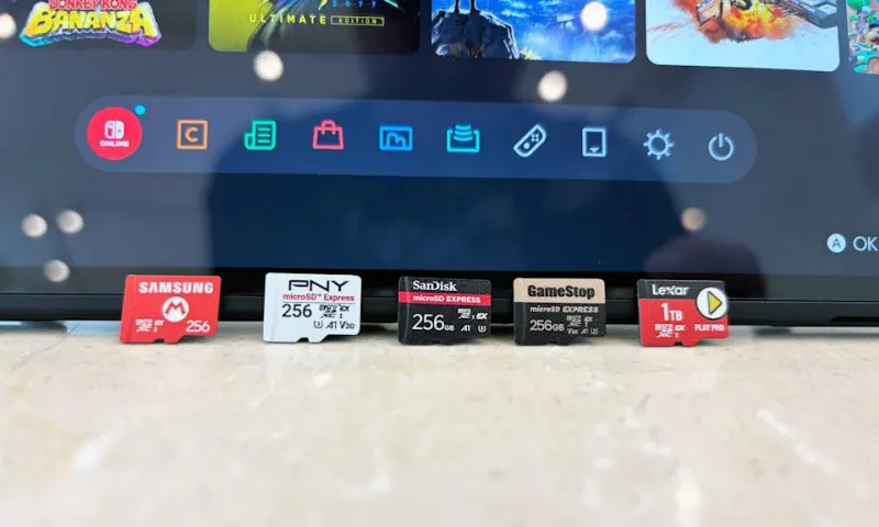 Две microSD карты, одна преимущественно чёрная, другая красная, лежат на деревянной подставке над белым подоконником.