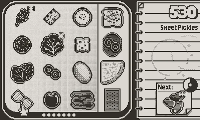 Кадр из игры Playdate Say When!, показывающий мужчину в темных солнцезащитных очках, сидящего за столом с блюдом перед ним. Тертый сыр сыпется на блюдо из терки, которая парит над ним.