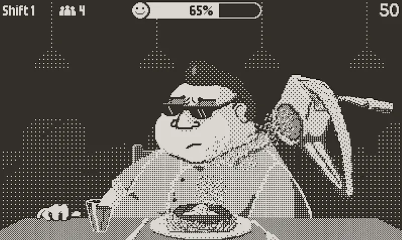 A still from the Playdate game Say When! showing a man wearing dark sunglasses sitting at a table, with a dish in front of him. Grated cheese is pouring onto the dish from a cheese grater that floats above it