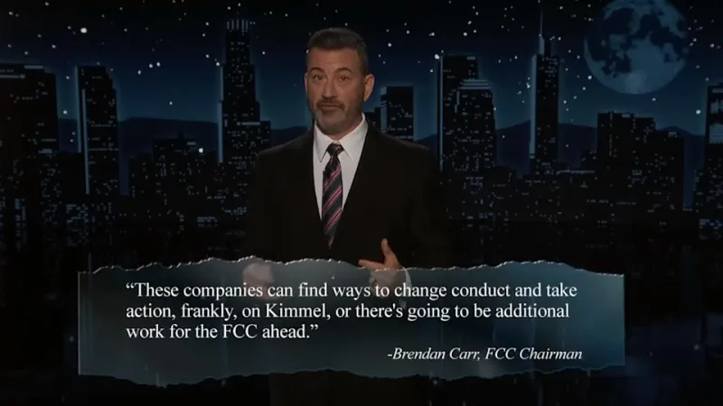 Still from a Jimmy Kimmel monologue. A threatening quote from FCC Chair Brendan Carr is overlaid at the bottom.