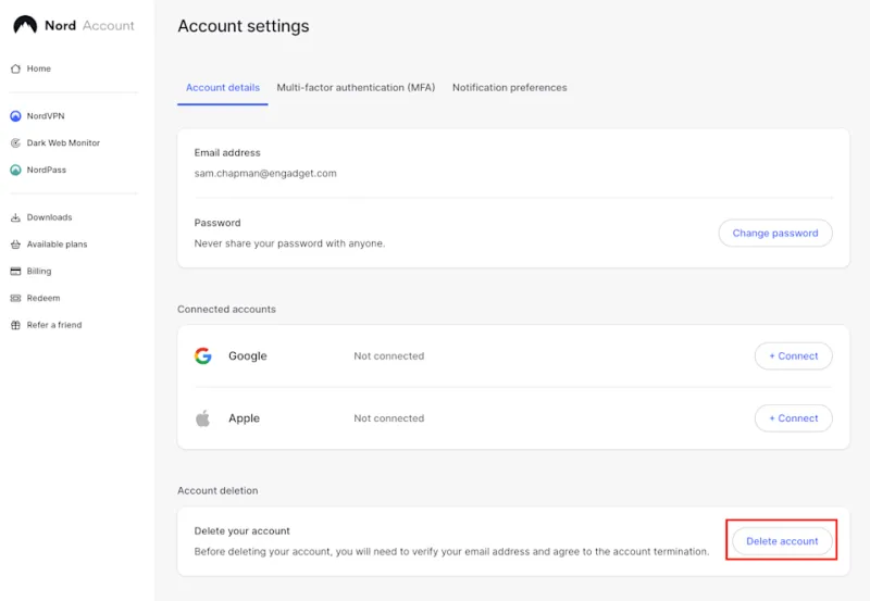 Кнопки поддержки NordVPN