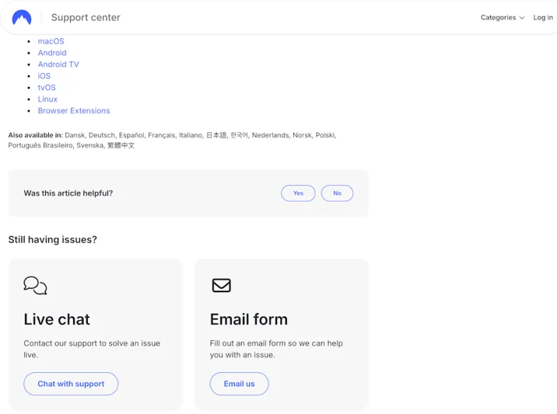 NordVPN support buttons