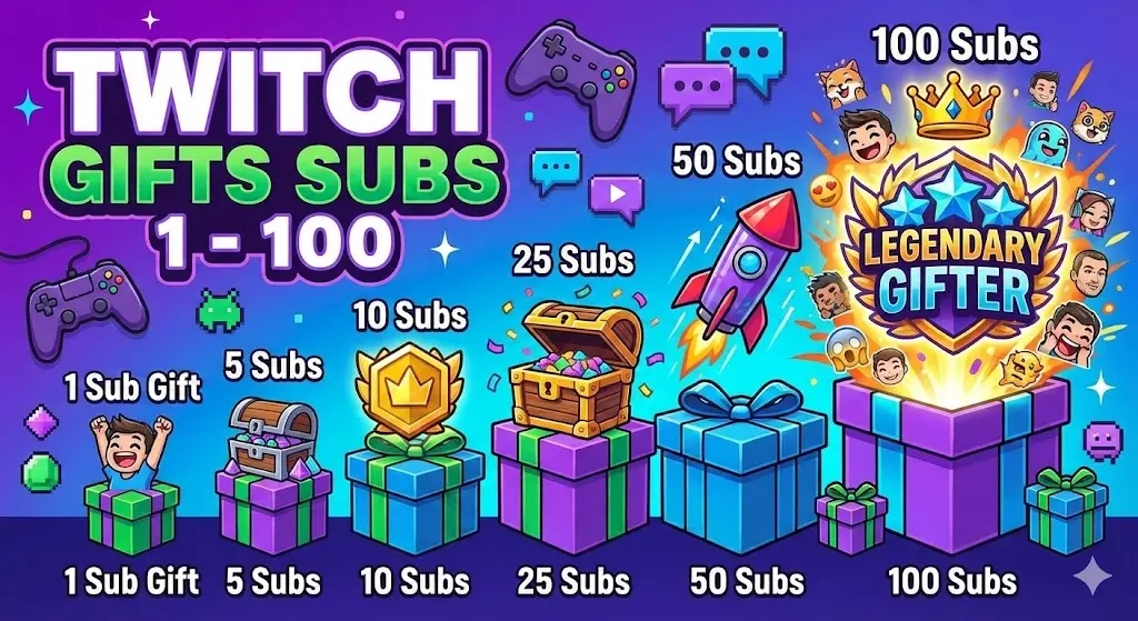 Подарки Twitch: Подписки 1-100 | Онлайн | Подарочная Подписка